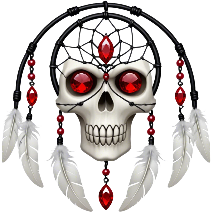 Blood-red, bloody, obsidian-black, edgy, dream catcher, red gemstones, black wires, black threads, skull, white feathers, badass, evil, gorgeous aesthetic, gothic decor emoji