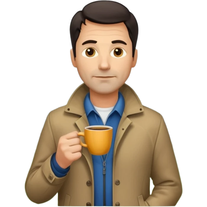 A handsome 45 year old white man with dark hair in a very foggy park drinking a cup of coffee emoji