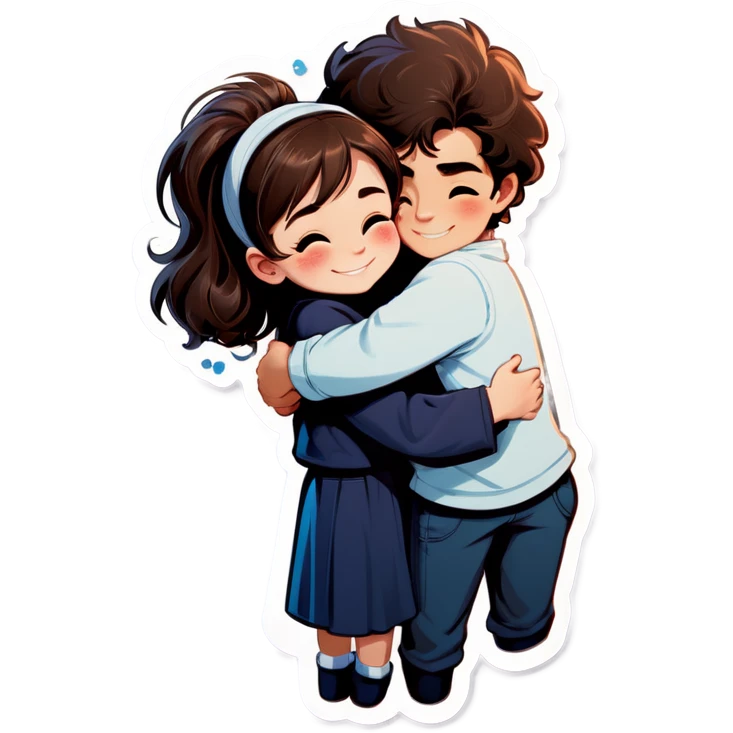 a light brunette girl and a dark brown fluffy hair boy hugging  emoji