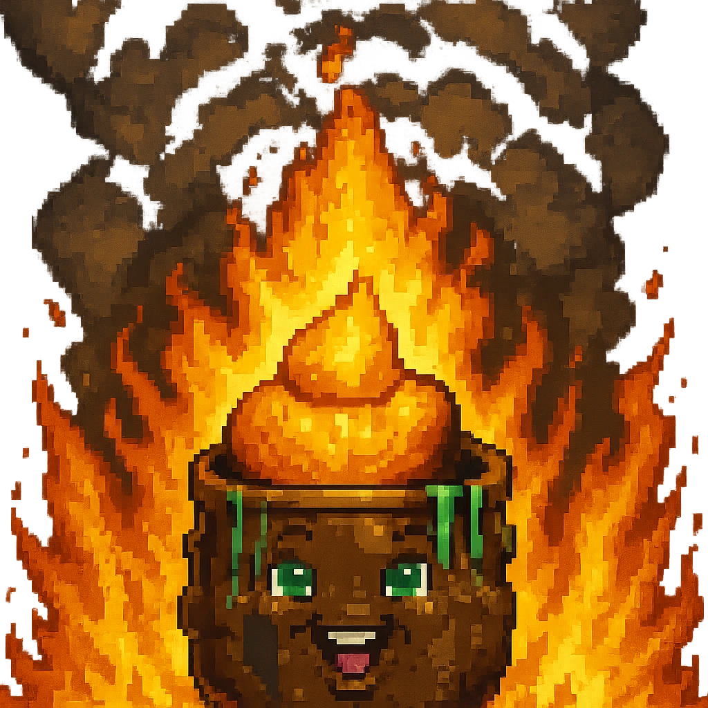 Add much more fire and thick smoke to the background, keep the Trump-poop combination clear, in the style of pixel art. Remove the background. emoji