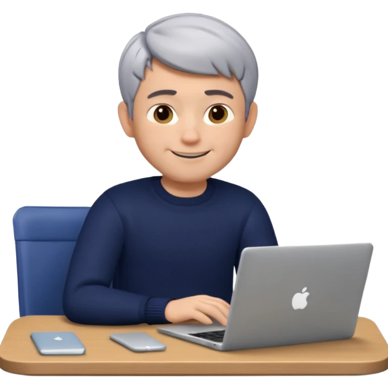3D Memoji of the man from the photo, short salt-and-pepper hair, dark navy sweater, sitting with a silver laptop, Pixar style, white background, professional smile emoji