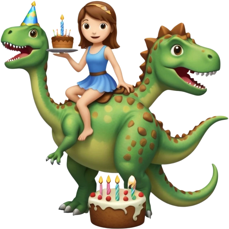 Fairy with brown hair riding a dinosaur presenting a birthday cake emoji