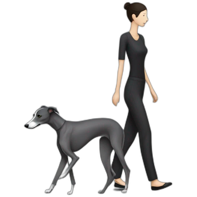 skinny all dark grey whippet walking with dark haired women  emoji