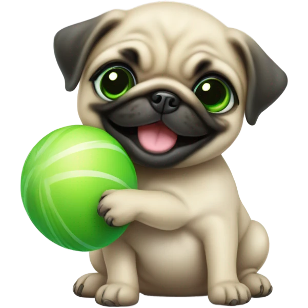 Cute Smiling Baby pug with green eyes playing with a green ball emoji