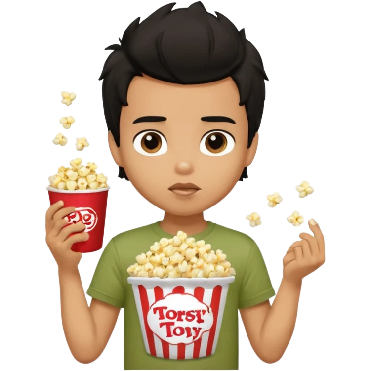 generate a pretty tan bratz boy with a brown tshirt on. eating a popcorn. messy black hair emoji