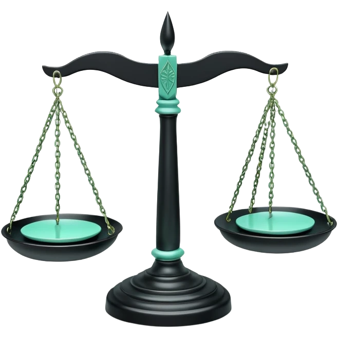 Responsabilité Administrative (Administrative Responsibility), 3D techy icon with black and mint green (#B5F4D3) color scheme, scales of justice with official documents emoji