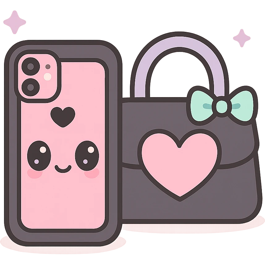 pink and black gothic phone case, kawaii style, big eyes, smiling, cartoonish, playful, matches gothic purse emoji