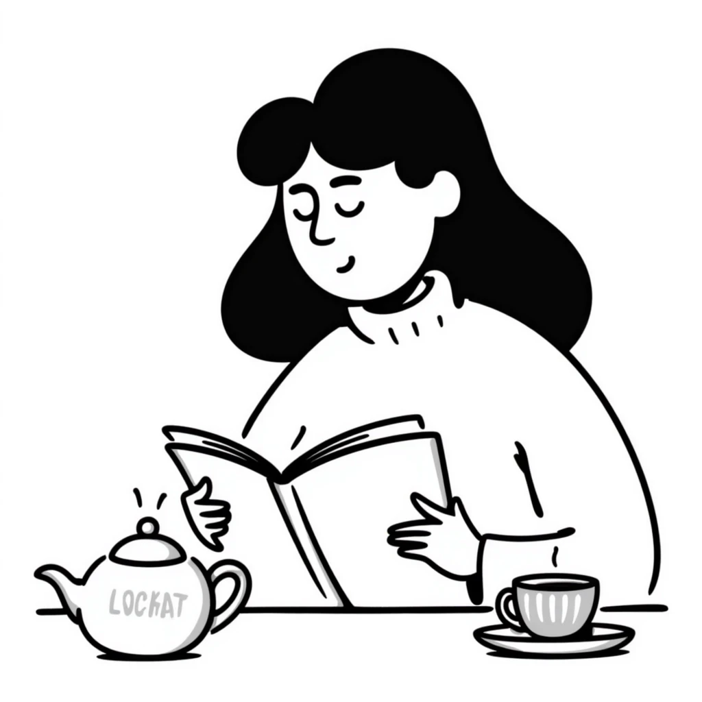 A person comfortably reading a book with a cup of tea nearby emoji