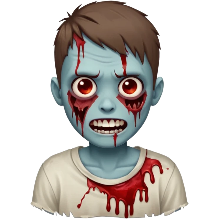 zombie boy with brown short hair, white skin, and white eyes; an open smile, and bloodied teeth; emoji