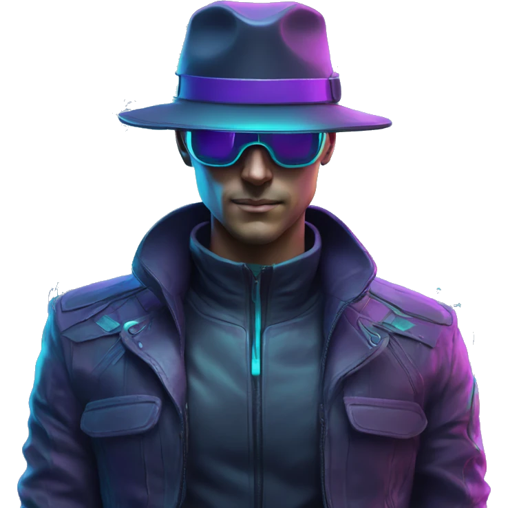 Secret human agent in a hat with  cyberpunk elements in VR googles scanning looking reviewing multicolor lines of code, cyan and purple colors, only upper body portrait emoji