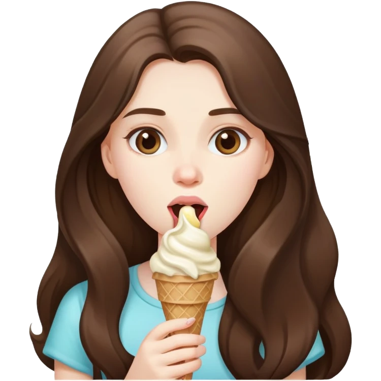 beautiful pale brunette girl with long hair eating an ice cream emoji
