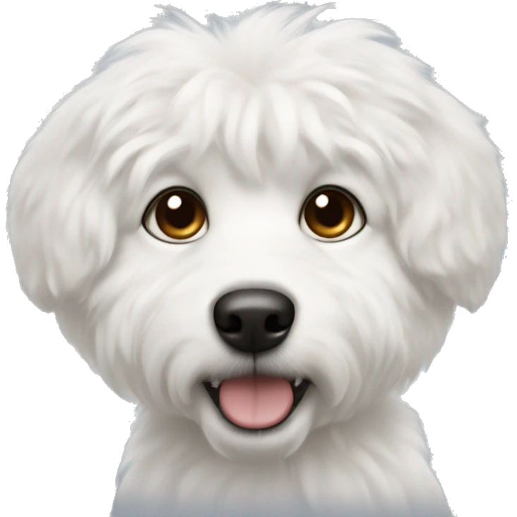 Fluffy white dog with black nose, brown spot on right eye and black left ear emoji