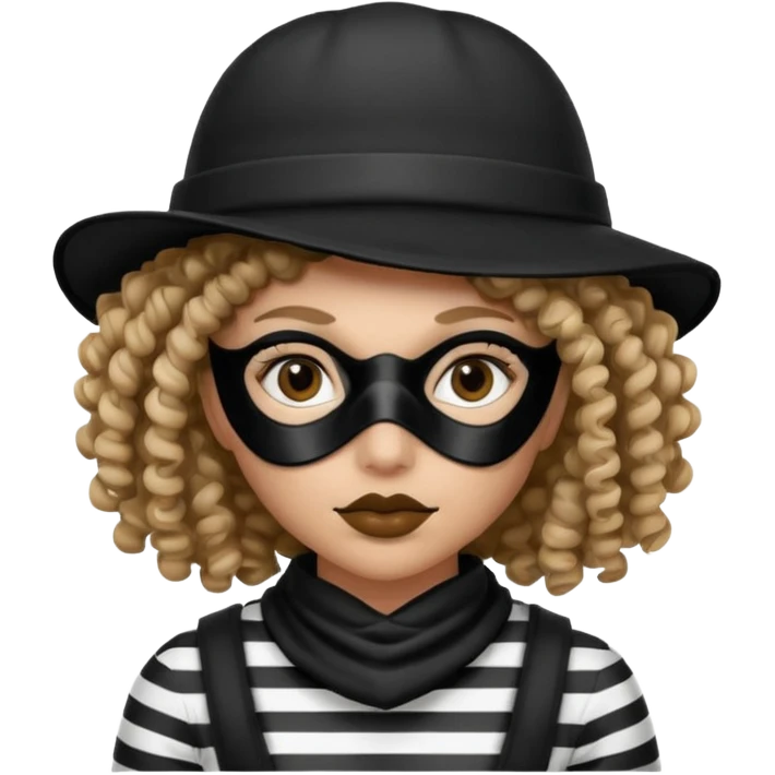 woman with robber mask concerned curly hair and robber outfit hat emoji