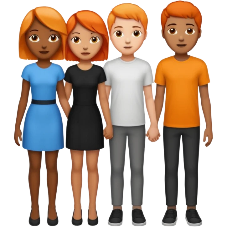 Three people holding hands first people is a female light skin have medium length half black half orange hair the second person is tall African American male short hair and the third people the third person is a female medium length black hair light skin emoji