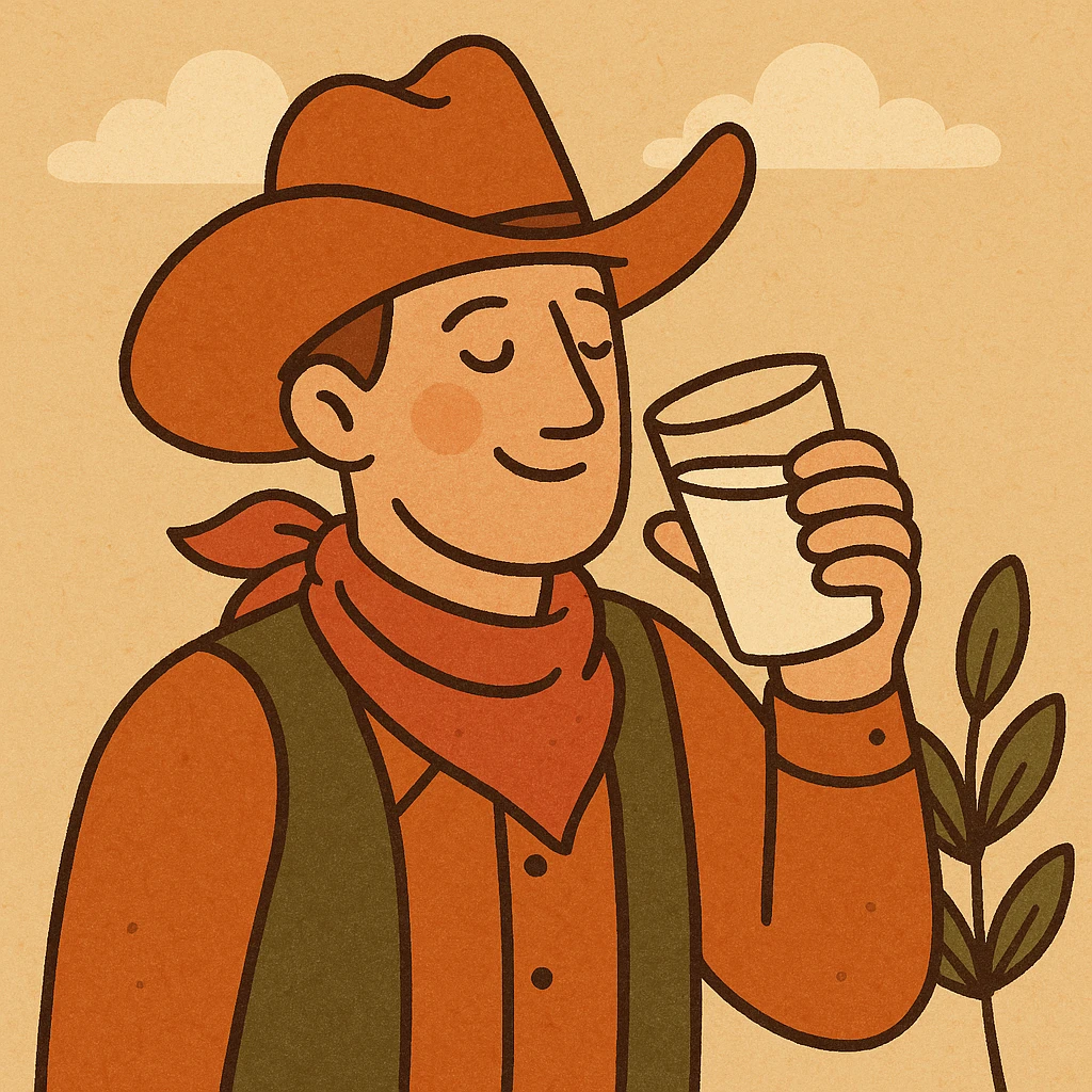 a stylized cowboy drinking milk, bold colors, warm colors, detailed illustration emoji