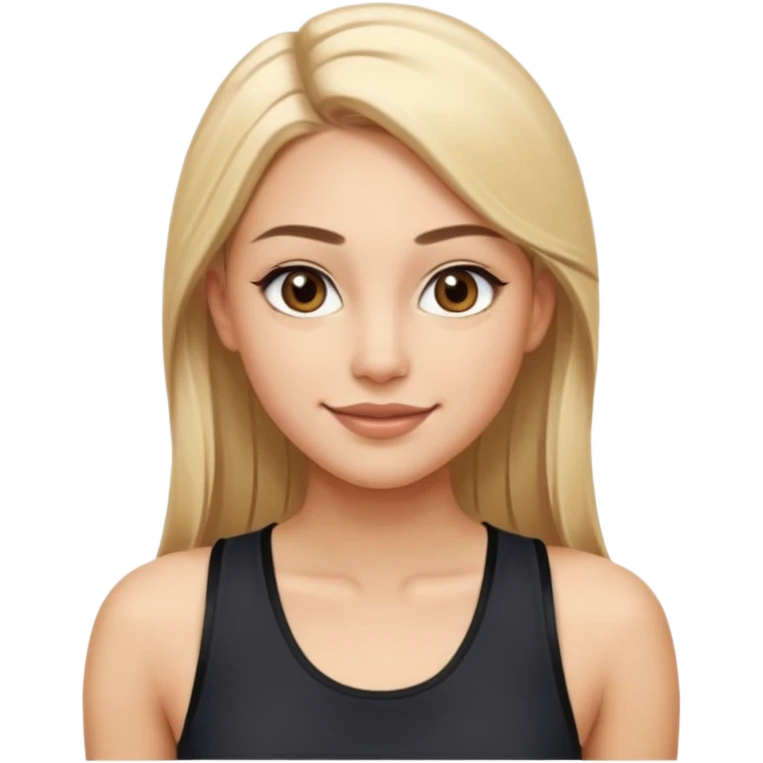 sporty young woman with long straight blonde hair center part light skin big brown eyes defined brows winged eyeliner full nude lips friendly smile wearing black sleeveless athletic top smooth polished cartoon-like emoji