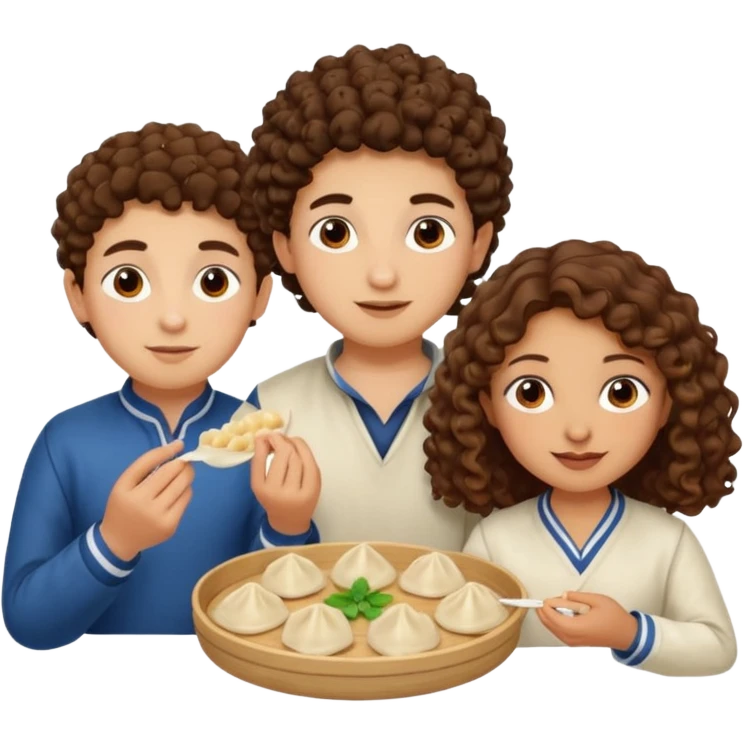 Can you create an emoji of three 23 year olds eating dumplings. One boy with brown curly hair one Jewish girl and one half Indian / half white girl.  emoji