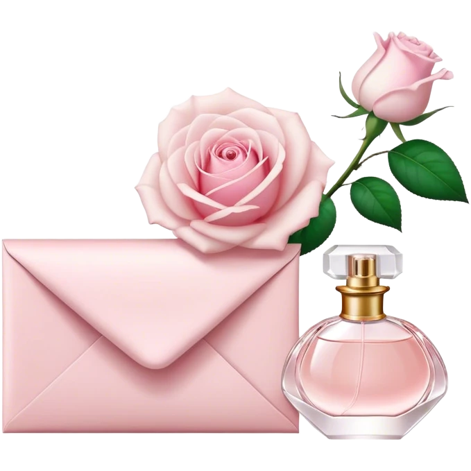 white rose next to a pearl-colored envelope and a flacon of aesthetically pleasing perfume in powder pink  emoji