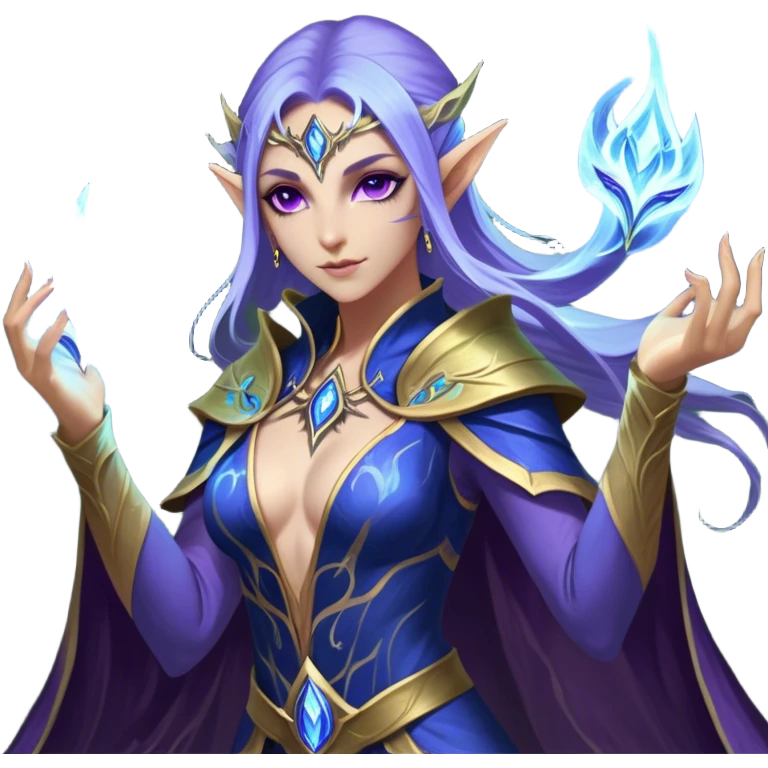 Cinematic Realistic WoW Elf Mage Portrait, captured in a dynamic, battle-ready stance, her graceful form exuding raw arcane energy. Her luminous skin and delicate features, set against an intricately detailed robe in consistent deep blues and purples with golden accents, are rendered with lifelike texture and dynamic, magical lighting, high shine, fierce and commanding, embodying the relentless spirit of an elven sorceress mid-spell. emoji