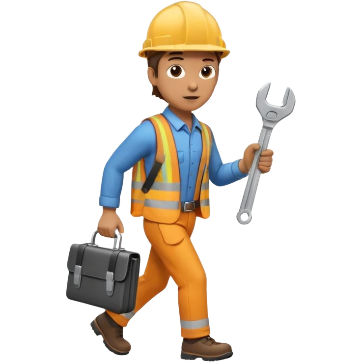 person wearing a hard hat or helmet, holding a wrench in one hand and a briefcase in the other, in a walking or running motion emoji