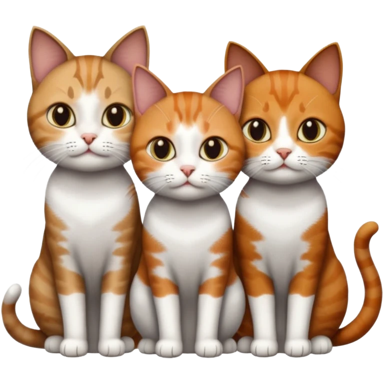 3 different coloured short haired cats including; a dark brown tabby and white cat, and a dark grey and white and a ginger and white emoji