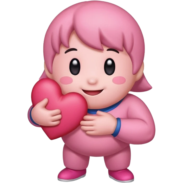 create a chibi sticker of Kirby smiling with a heart in his hands emoji
