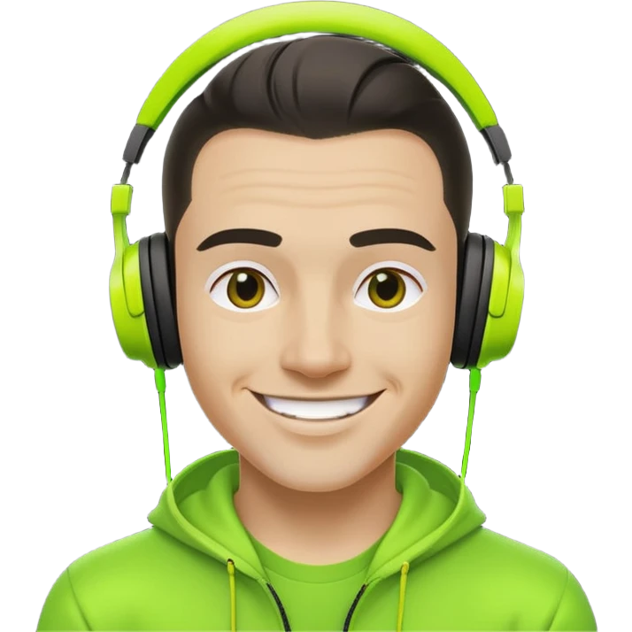 yellow-skinned guy head with slicked back black undercut hair and neon green headphones, smiling emoji