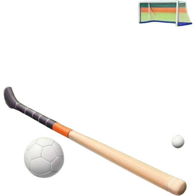 A field hockey stick and ball on a vibrant green grass field, with goalposts and clear field markings in the background. The scene emphasizes the bright, lush grass, highlighting the fast-paced and strategic nature of hockey on a well-maintained pitch. emoji