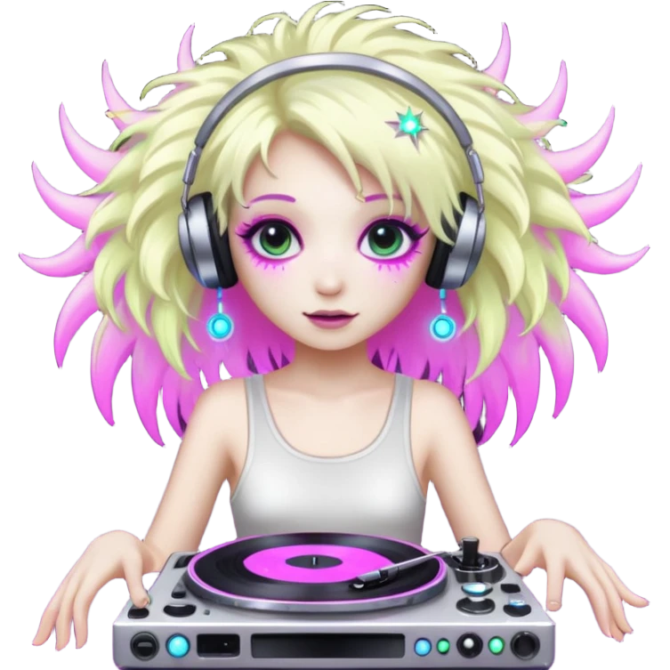  hard-techno-rave-fairy,-holding-a-dj-turntable,-wild-hair,-neon-sparkles,-minimal-background emoji