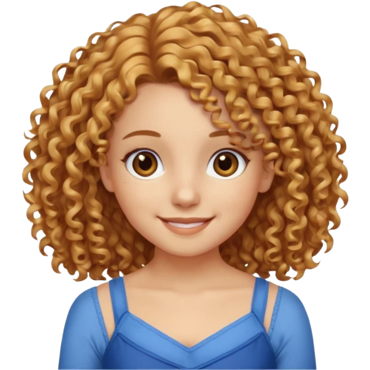 girl with golden curly hair, brown eyes, blue camisole dress, smiling emoji