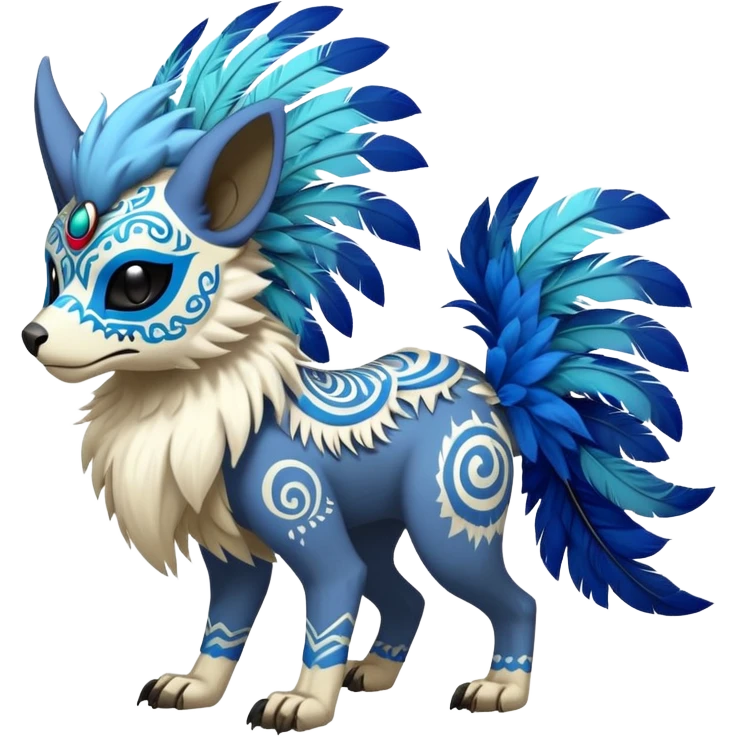 Furry cute colorful exotic tribal feral anime-styled Fakémon-Pokémon-animal-creature with a skull mask, and a feather-mane-collar, and blue feathers, no ears, earless, long furry tail, 4 legs, (full body), with intricate pattern-markings emoji