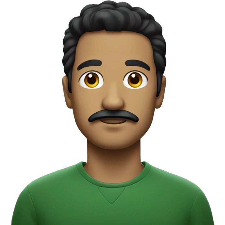 man in dark green sweatshirt and black moustache, black hair emoji