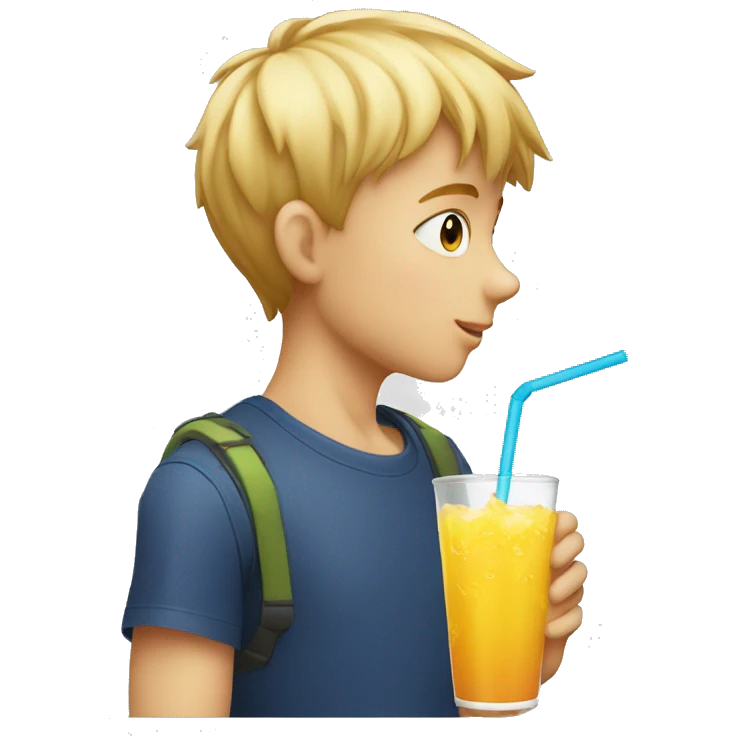 A blonde boy sucking or drinking juice with a straw while his hand is holding the drink, profile view emoji