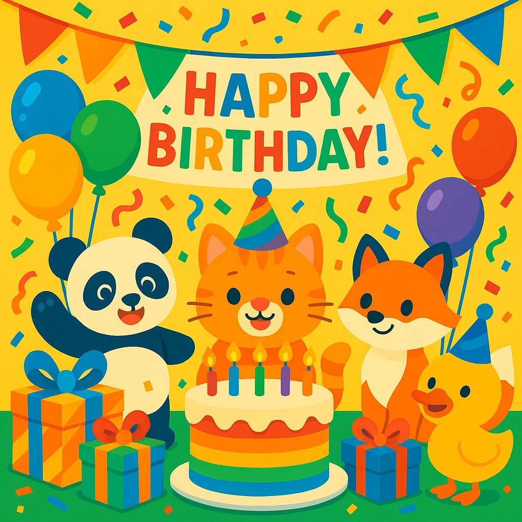 vibrant-toon style birthday party scene with a rainbow color theme including rainbow balloons, multicolored decorations, confetti, a large rainbow birthday cake, gifts, and a festive atmosphere. Main character is a ginger tabby kitten wearing a birthday hat, surrounded by a panda, fox, and duck also celebrating. Prominent 'Happy Birthday!' message included in the scene. emoji