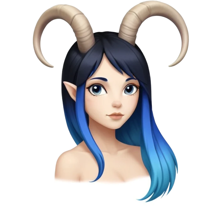 Art of woman's very sexy body scheme anatomy-very long straight black to blue hair ombre-right other side view-small goat horns emoji