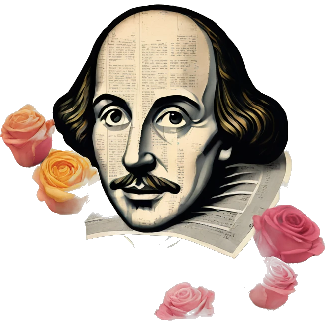 Shakespeare person made of newspaper cuttings wearing flowers,  collage of intricate patterns, roses flowers emoji
