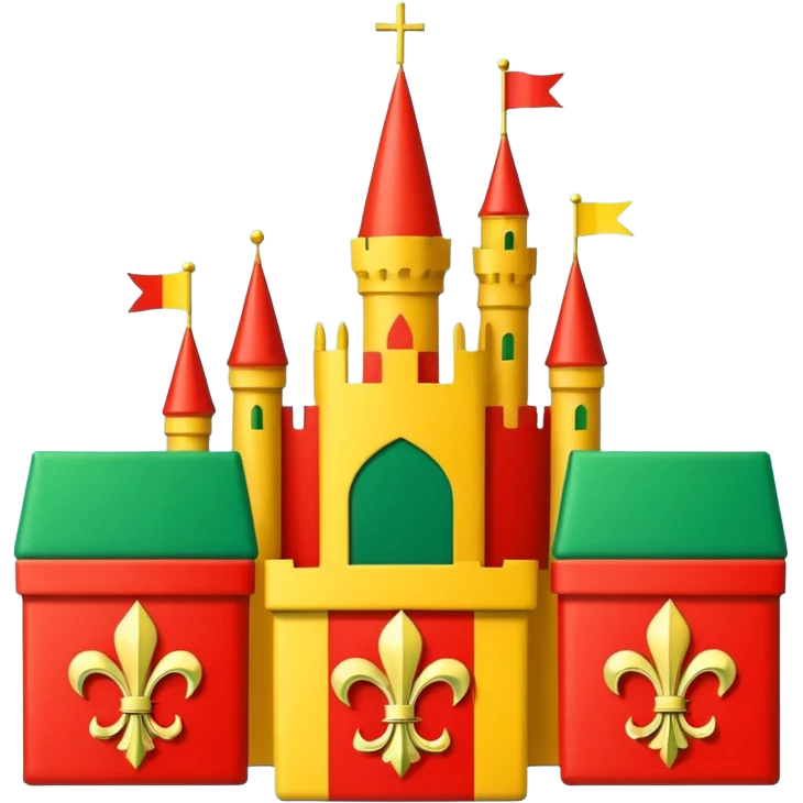  flag with 4 boxes: gold fleur-de-lis on deep blue/black; green, yellow, red stripes in upper right and lower left with green star in upper right; yellow castle on red in lower right. Flat vector, clean, high contrast, clear at small size. emoji