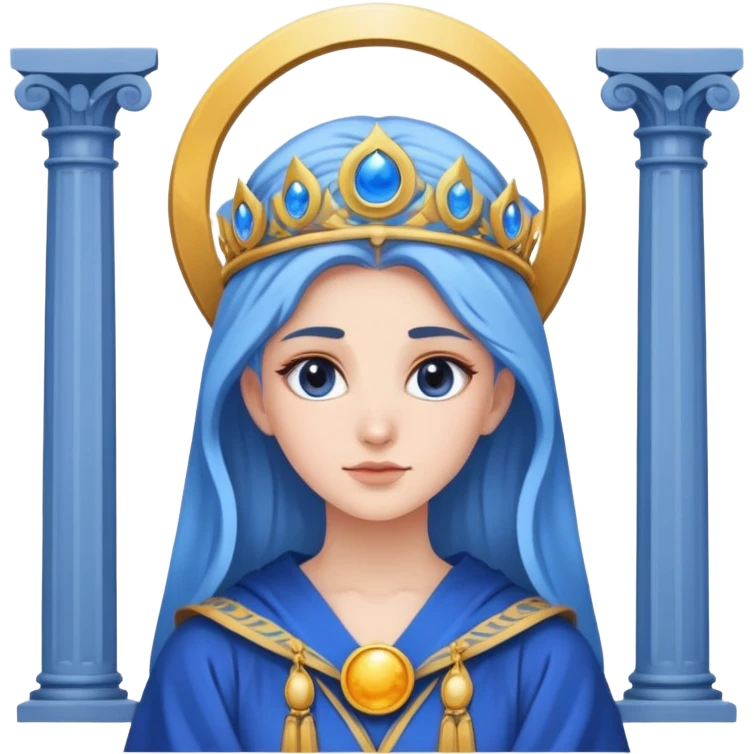 High Priestess tarot card with moon crown, blue robes, and pillars emoji