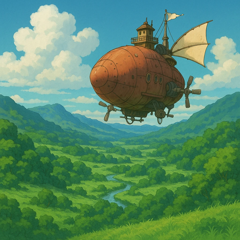 flying airship over a lush green valley emoji