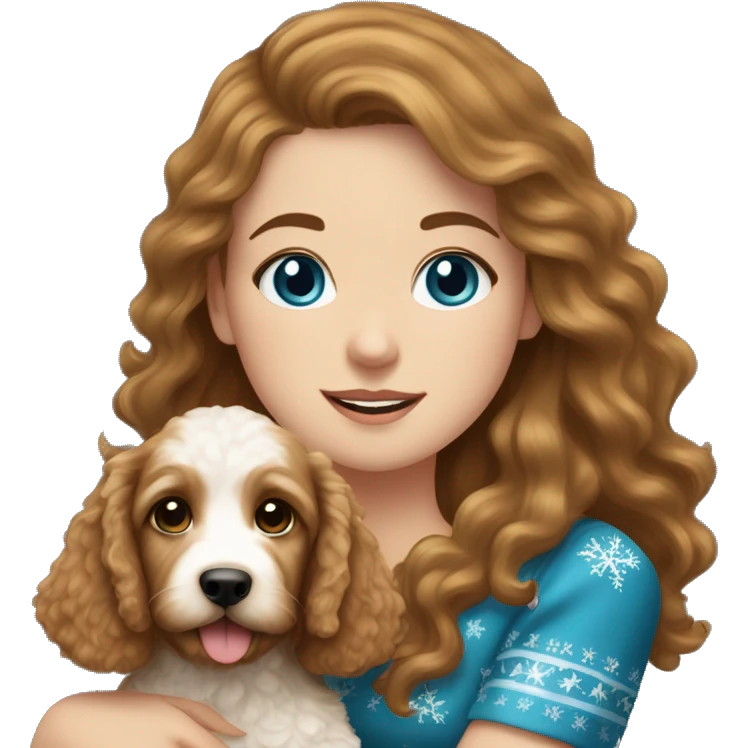 white girl with long brown hair and blue eyes wearing a christmas dress, holding a golden doodle puppy emoji