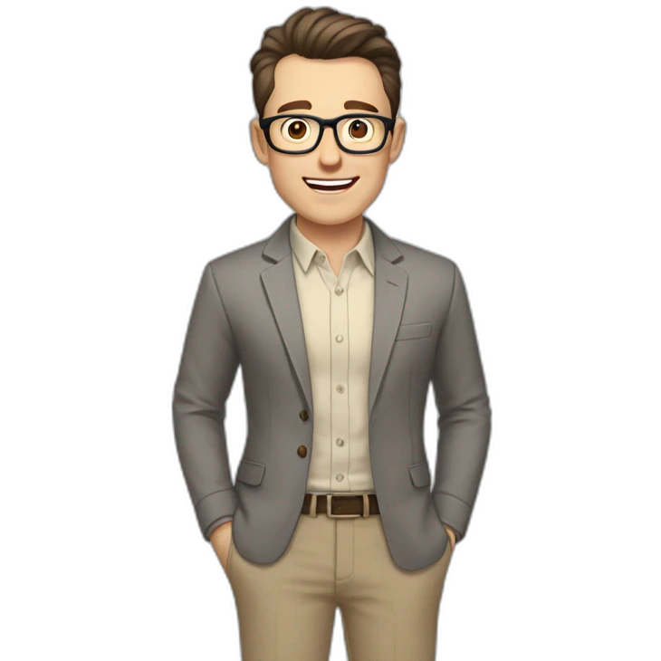 Joyful Pale skinned Fit Man With dark brown hair in gray jacket, beige office shirt, Brown pants and vintage glasses. His thrumbs up emoji