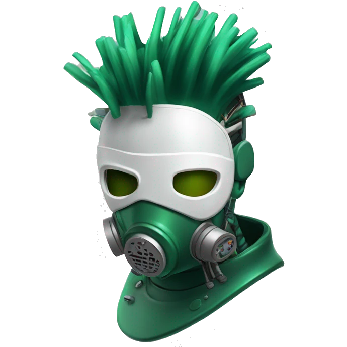Dark green Mohawk female cyborg head with white respirator mask and circuits emoji