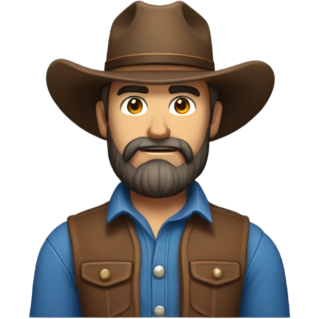 a rugged cowboy with a thick beard, wearing a blue vest over a classic western shirt. He should have a confident stance, showing full torso emoji