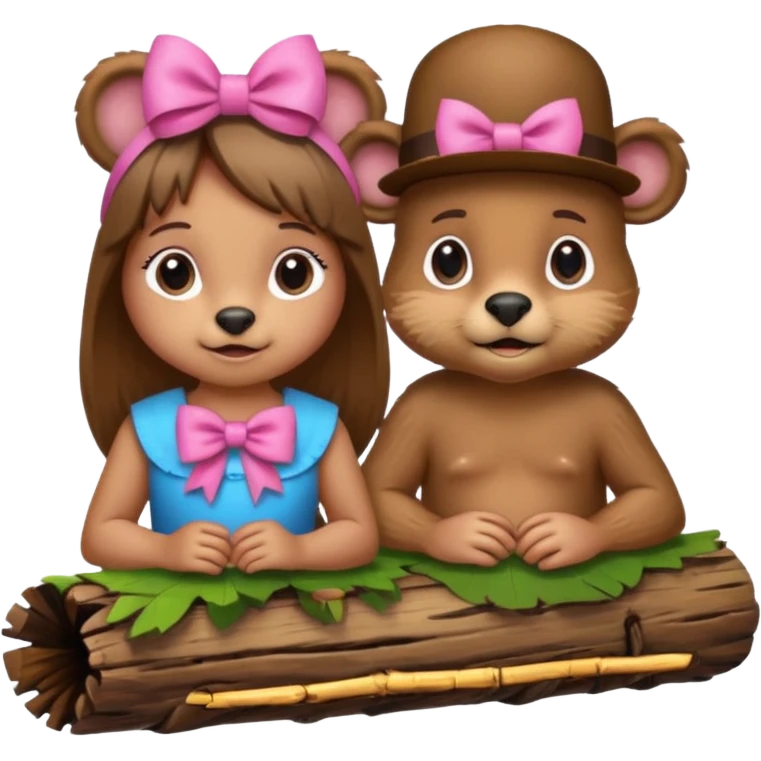 a girl beaver and a boy beaver on a log. give the girl beaver eyelashes and a bow on top of her head emoji