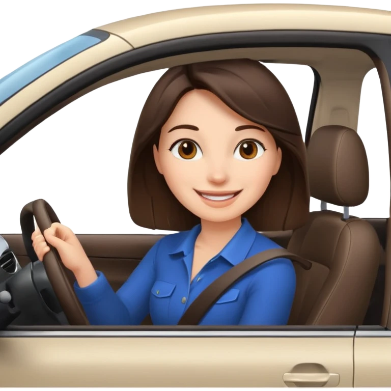 Brunette woman driving car like crazy. New car. Happy face confidence  emoji