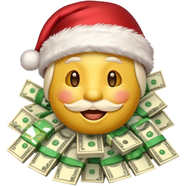A rich happy emoji face in Santa hat, covered in money, cash stacks and flying dollar bills, Christmas mood, New Year festive style, glossy 3D emoji, vibrant colors, high detail, no text, isolated, transparent background emoji