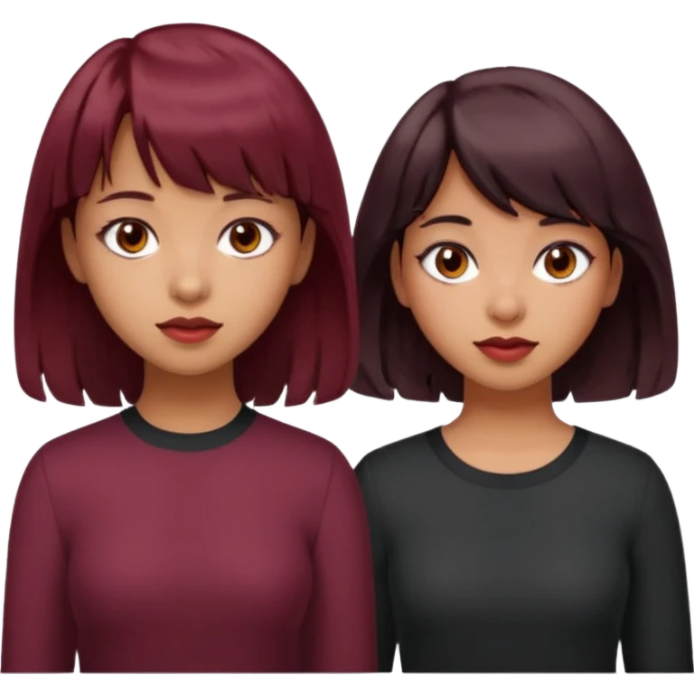 2 girls both tan skin. One with short length wavy burgundy hair, bangs and brown eyes, the other with medium length black hair with brown eyes  emoji