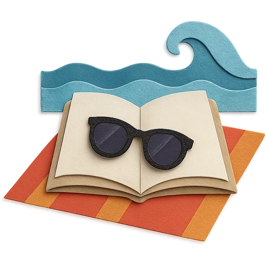 open book on a beach towel, with sunglasses and ocean waves in the background, paper-craft style emoji