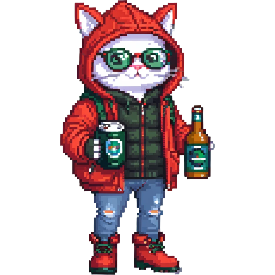 Catfish wearing red hooded winter jacket, round glasses, blue jeans, red boots, holding beer can with red label emoji