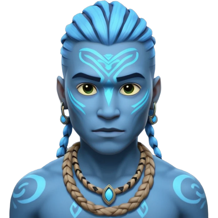 avatar-style Na’vi male portrait, head and shoulders only, blue skin, bioluminescent markings, strong face features, braided hair, tribal necklace, heroic expression, 3D cartoon, mobile game icon style, clean background, no text, no watermark
 emoji